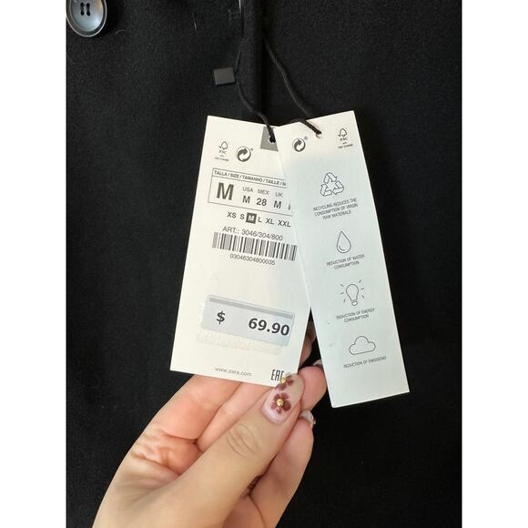 NWT Zara Women’s Sz M Black Long Pea Coat With Hood Double Breasted Wide Collar - Picture 2 of 5